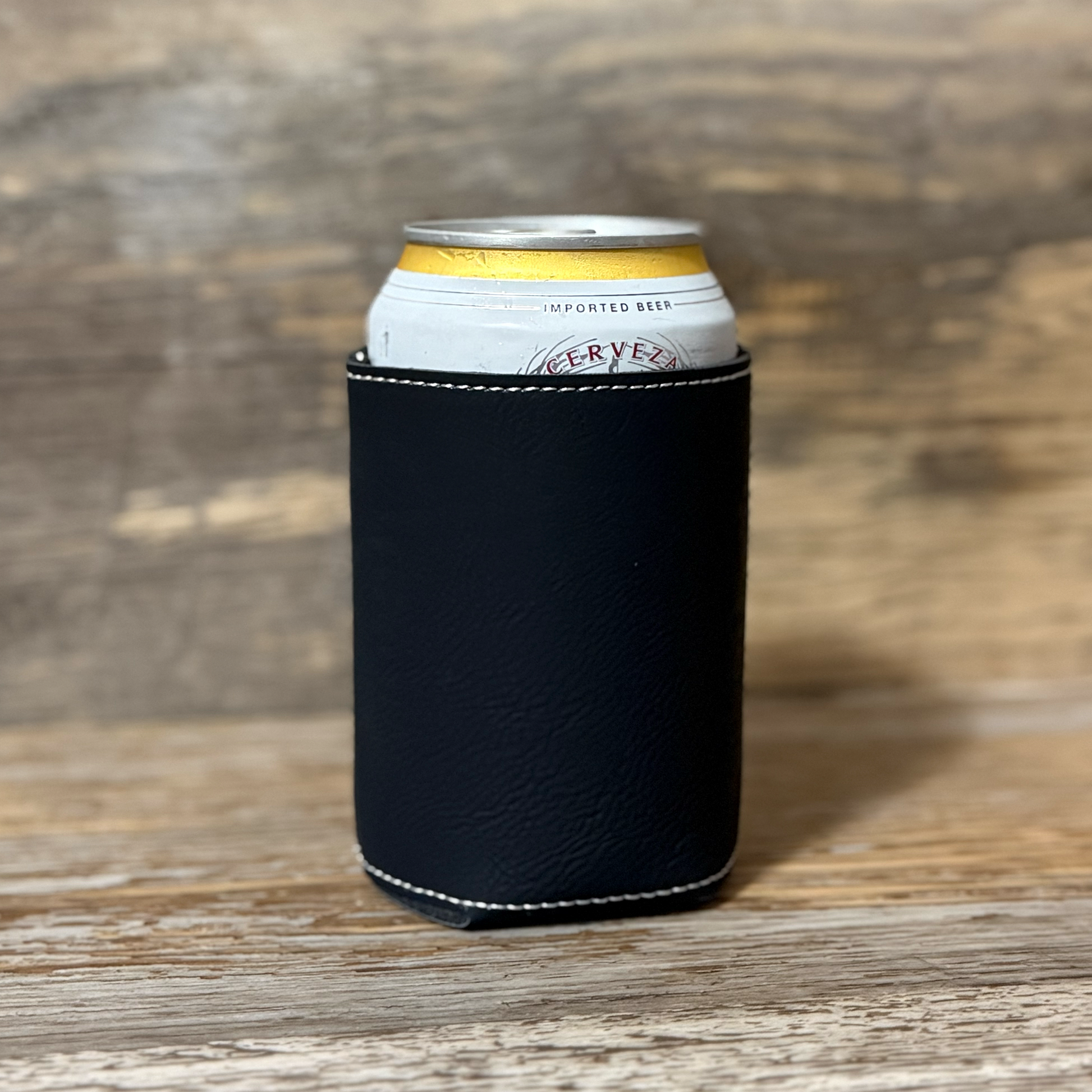black leatherette can holder engraving blank. it engraves silver