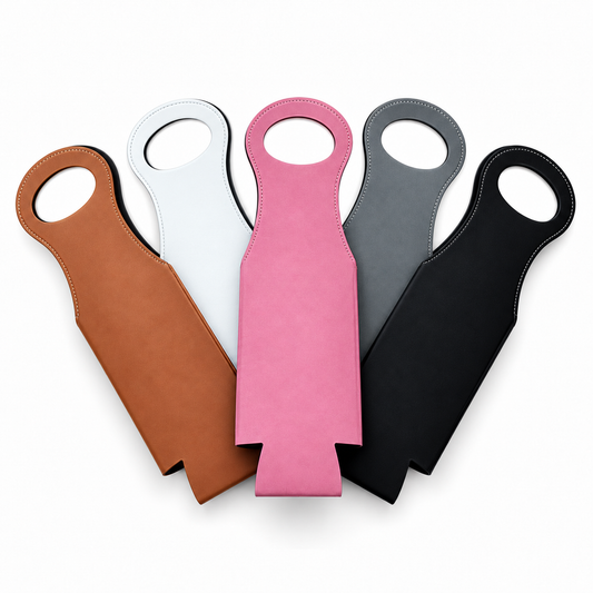 Leatherette wine bottle tote blanks in black, rawhide, gray, white, and pink, suitable for laser engraving and UV printing. Copy